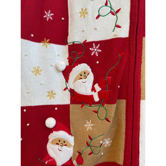 Sophia Jayne Red, Gold, and White Patch Stitch Santa Novelty Print Zip Up Vest - Picture 4 of 7